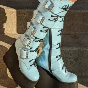 Dolls Kill Sugar Thrillz Bubble Blue Buckle Platform Boots